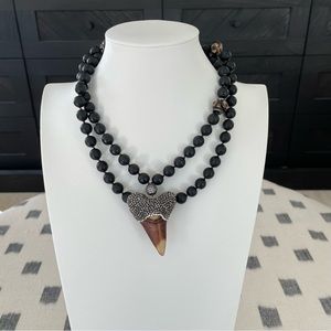 Faux Shark Tooth Drop Necklace with Black Facetted Beads and Rhinestones.